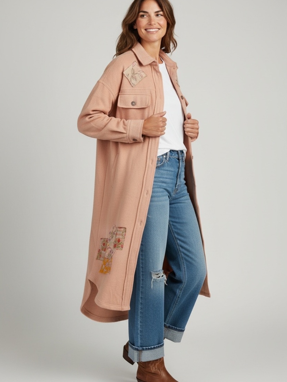 Dolly Parton Upcycled Dusty Rose Long Shacket Boho Western Jacket Size L - Picture 3 of 7